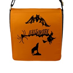 Happy Halloween Scary Funny Spooky Logo Witch On Broom Broomstick Spider Wolf Bat Black 8888 Black A Flap Closure Messenger Bag (l) by HalloweenParty