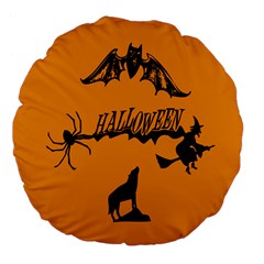 Happy Halloween Scary Funny Spooky Logo Witch On Broom Broomstick Spider Wolf Bat Black 8888 Black A Large 18  Premium Flano Round Cushions by HalloweenParty