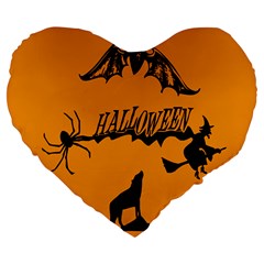 Happy Halloween Scary Funny Spooky Logo Witch On Broom Broomstick Spider Wolf Bat Black 8888 Black A Large 19  Premium Flano Heart Shape Cushions by HalloweenParty