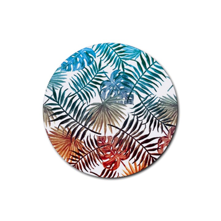 Blue tropical leaves Rubber Coaster (Round) 