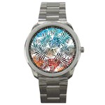 Blue tropical leaves Sport Metal Watch Front