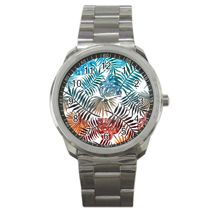 Blue tropical leaves Sport Metal Watch