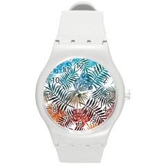 Blue tropical leaves Round Plastic Sport Watch (M)