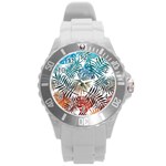 Blue tropical leaves Round Plastic Sport Watch (L) Front