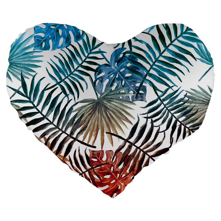 Blue tropical leaves Large 19  Premium Flano Heart Shape Cushions