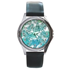 Blue Tropical Leaves Round Metal Watch by goljakoff