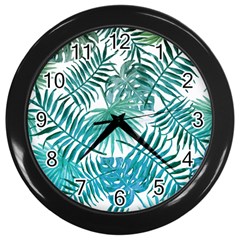 Blue Tropical Leaves Wall Clock (black) by goljakoff