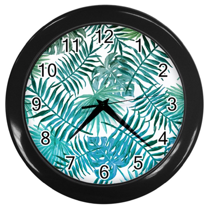 Blue tropical leaves Wall Clock (Black)