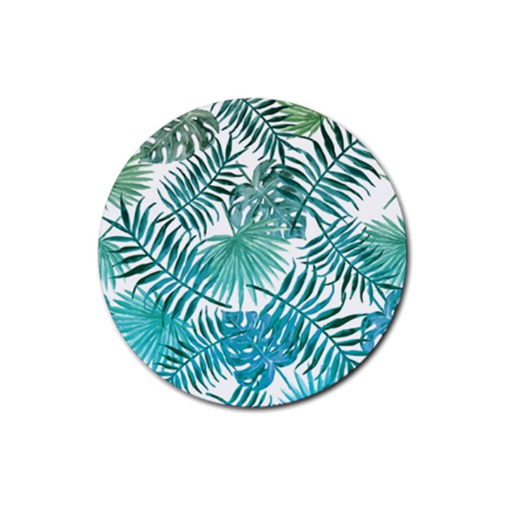 Blue tropical leaves Rubber Round Coaster (4 pack) 