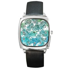 Blue Tropical Leaves Square Metal Watch by goljakoff