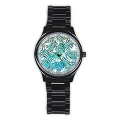 Blue Tropical Leaves Stainless Steel Round Watch by goljakoff