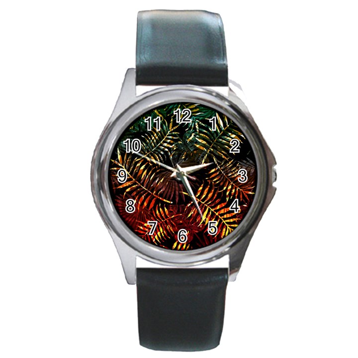 Tropical leaves Round Metal Watch