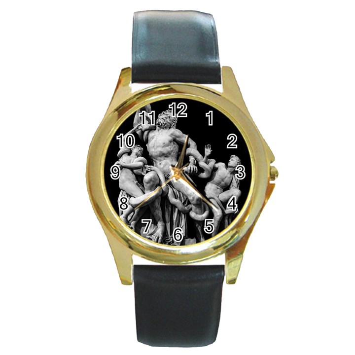 Laocoon Sculpture Over Black Round Gold Metal Watch