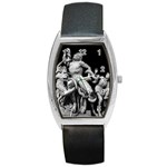 Laocoon Sculpture Over Black Barrel Style Metal Watch Front