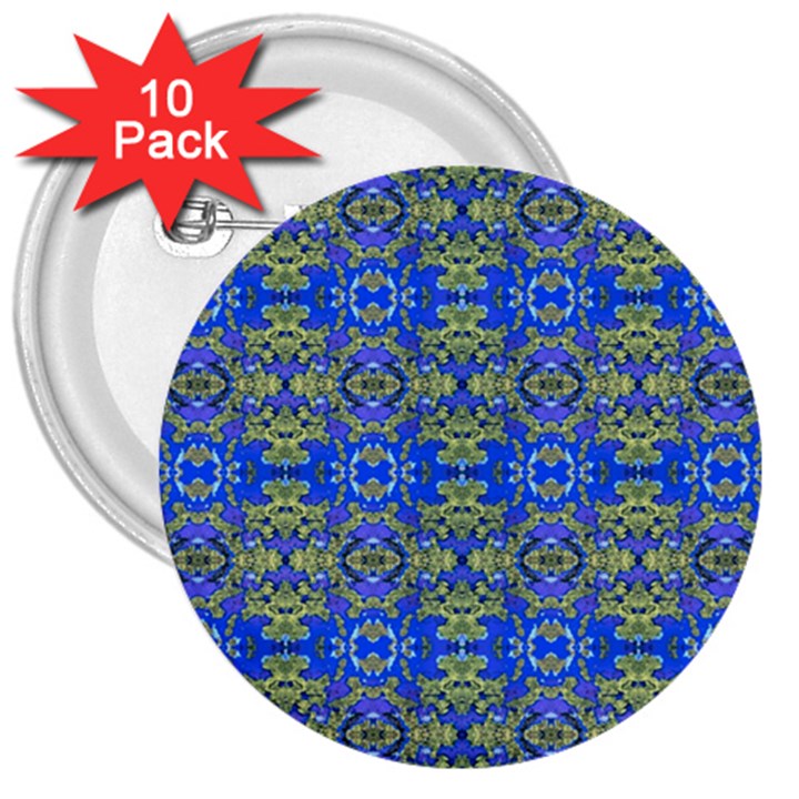 Gold And Blue Fancy Ornate Pattern 3  Buttons (10 pack) 