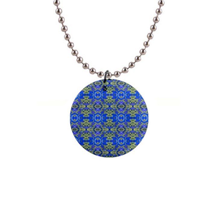 Gold And Blue Fancy Ornate Pattern 1  Button Necklace