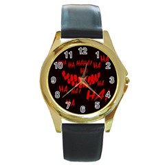 Demonic Laugh, Spooky Red Teeth Monster In Dark, Horror Theme Round Gold Metal Watch by Casemiro