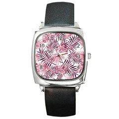 Pink Leaves Square Metal Watch