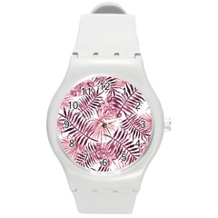 Pink Leaves Round Plastic Sport Watch (m)