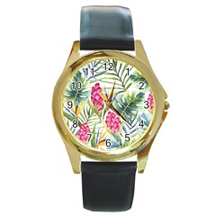 Tropical flowers Round Gold Metal Watch