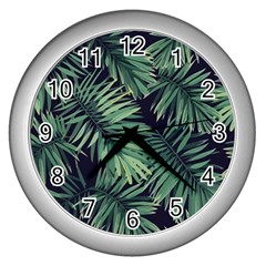 Green Palm Leaves Wall Clock (silver) by goljakoff