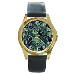 Green Palm Leaves Round Gold Metal Watch by goljakoff