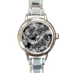 Tropical Leafs Pattern, Black And White Jungle Theme Round Italian Charm Watch by Casemiro