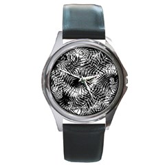 Tropical Leafs Pattern, Black And White Jungle Theme Round Metal Watch by Casemiro