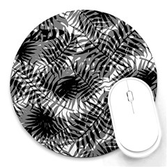 Tropical Leafs Pattern, Black And White Jungle Theme Round Mousepads by Casemiro