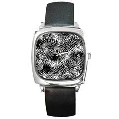 Tropical Leafs Pattern, Black And White Jungle Theme Square Metal Watch by Casemiro