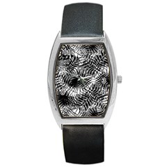 Tropical Leafs Pattern, Black And White Jungle Theme Barrel Style Metal Watch by Casemiro