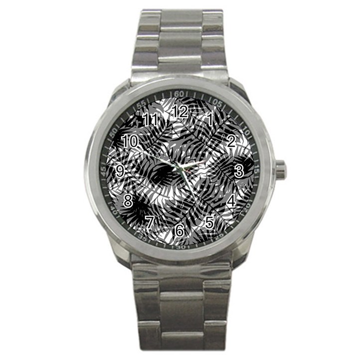 Tropical leafs pattern, black and white jungle theme Sport Metal Watch