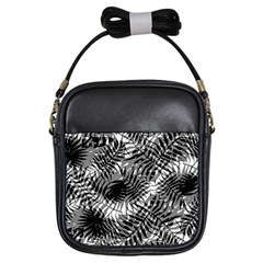 Tropical Leafs Pattern, Black And White Jungle Theme Girls Sling Bag by Casemiro