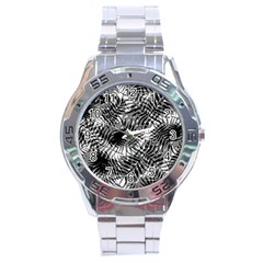 Tropical Leafs Pattern, Black And White Jungle Theme Stainless Steel Analogue Watch by Casemiro