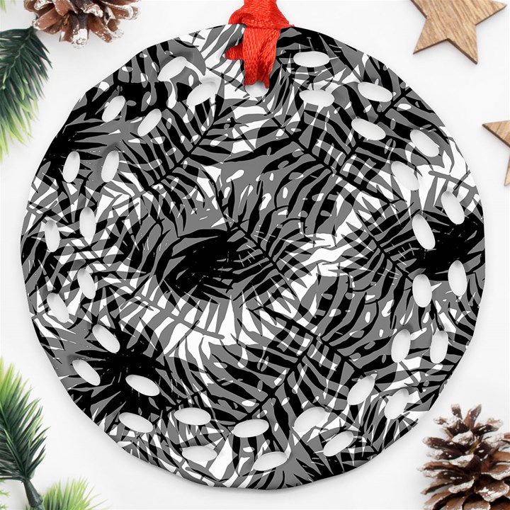 Tropical leafs pattern, black and white jungle theme Ornament (Round Filigree)