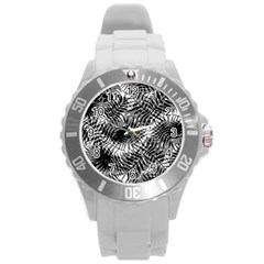 Tropical Leafs Pattern, Black And White Jungle Theme Round Plastic Sport Watch (l) by Casemiro