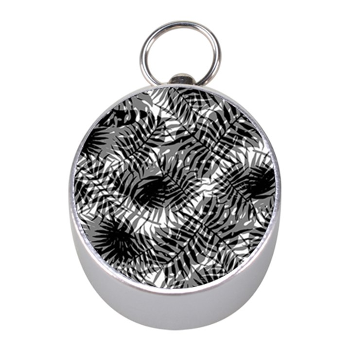 Tropical leafs pattern, black and white jungle theme Mini Silver Compasses