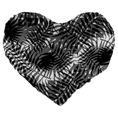 Tropical Leafs Pattern, Black And White Jungle Theme Large 19  Premium Flano Heart Shape Cushions by Casemiro