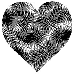 Tropical Leafs Pattern, Black And White Jungle Theme Wooden Puzzle Heart by Casemiro