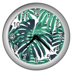 Green Monstera Leaf Wall Clock (silver) by goljakoff