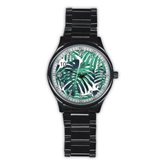 Green monstera leaf Stainless Steel Round Watch