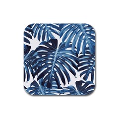 Blue monstera leaf Rubber Square Coaster (4 pack) 