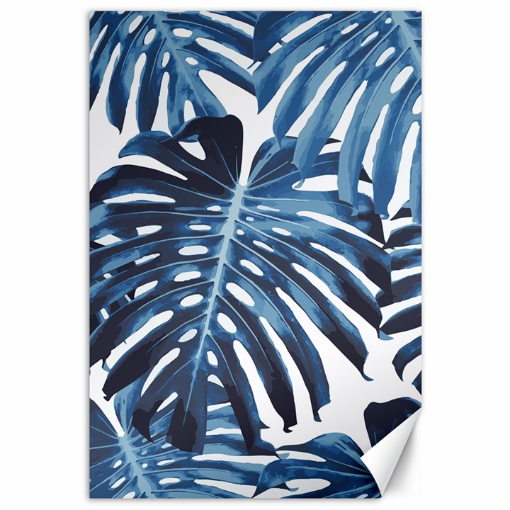 Blue monstera leaf Canvas 12  x 18 