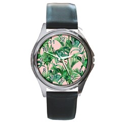 Green Leaves On Pink Round Metal Watch by goljakoff