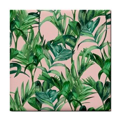 Green Leaves On Pink Tile Coaster by goljakoff