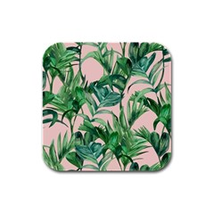 Green Leaves On Pink Rubber Square Coaster (4 Pack)  by goljakoff