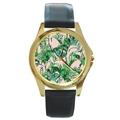 Green Leaves On Pink Round Gold Metal Watch by goljakoff