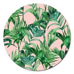 Green Leaves On Pink Magnet 5  (round) by goljakoff