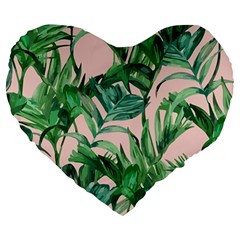 Green Leaves On Pink Large 19  Premium Flano Heart Shape Cushions by goljakoff