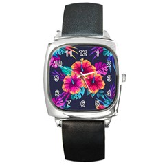 Neon Flowers Square Metal Watch by goljakoff